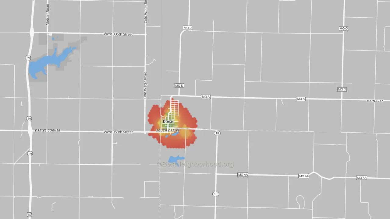 Walk Grade map of Drexel, MO, walkable areas in green and car-dependent areas in red