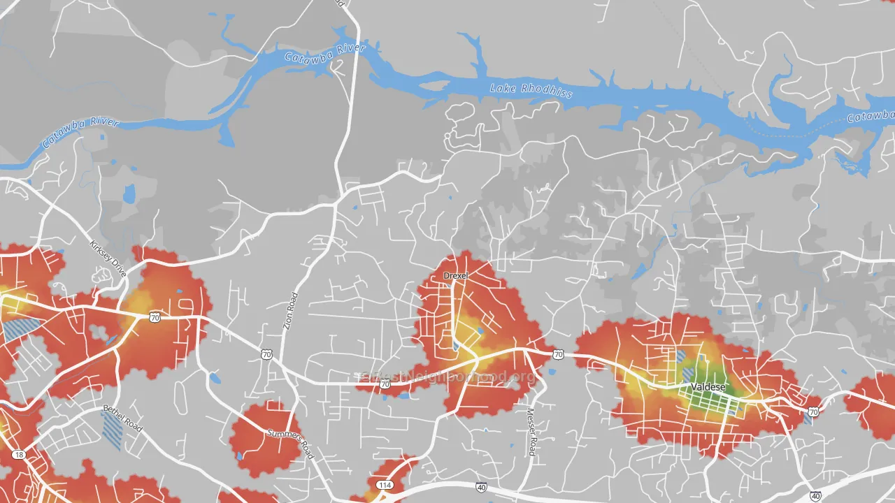 Walk Grade map of Drexel, NC, walkable areas in green and car-dependent areas in red