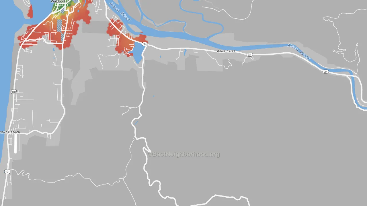 Walk Grade map of Drift Creek, OR, walkable areas in green and car-dependent areas in red