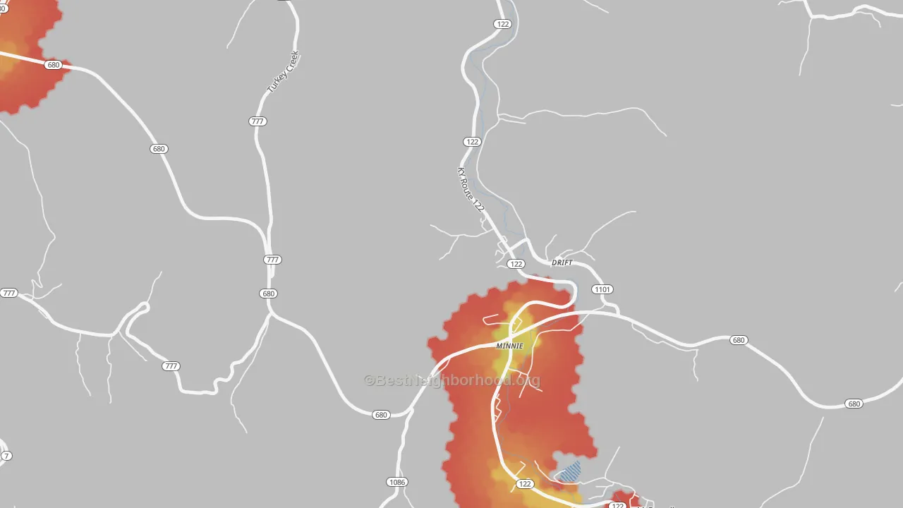 Walk Grade map of Drift, KY, walkable areas in green and car-dependent areas in red