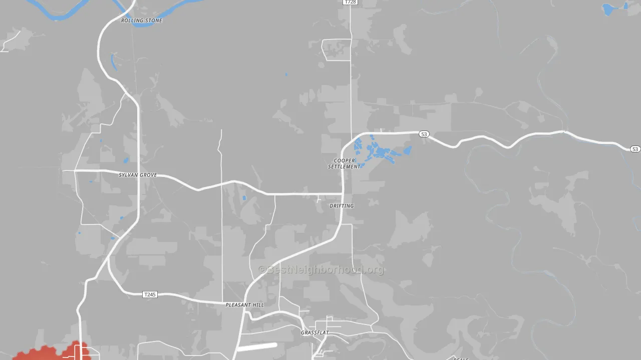 Walk Grade map of Drifting, PA, walkable areas in green and car-dependent areas in red