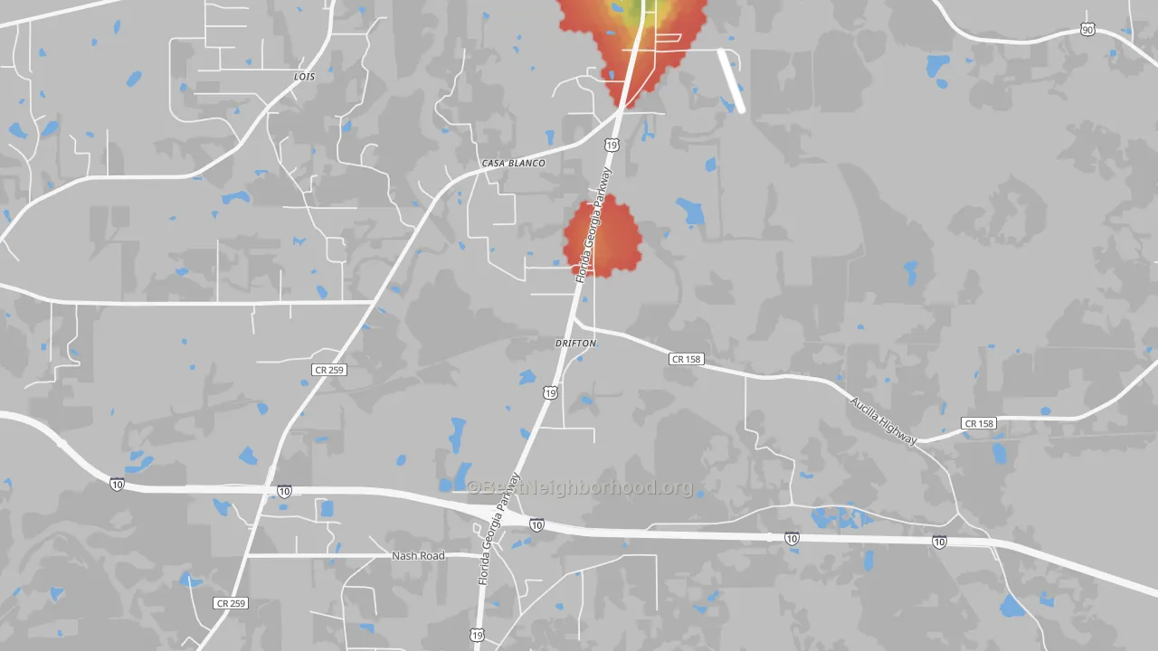 Walk Grade map of Drifton, FL, walkable areas in green and car-dependent areas in red