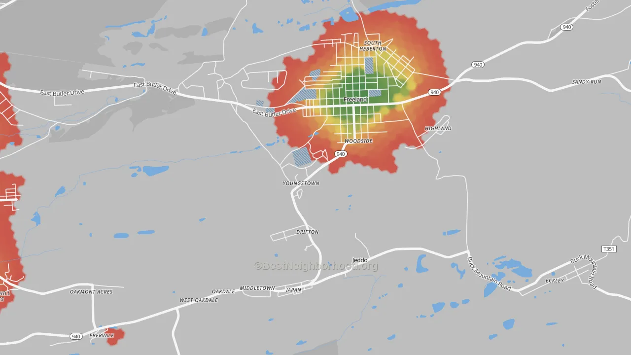 Walk Grade map of Drifton, PA, walkable areas in green and car-dependent areas in red