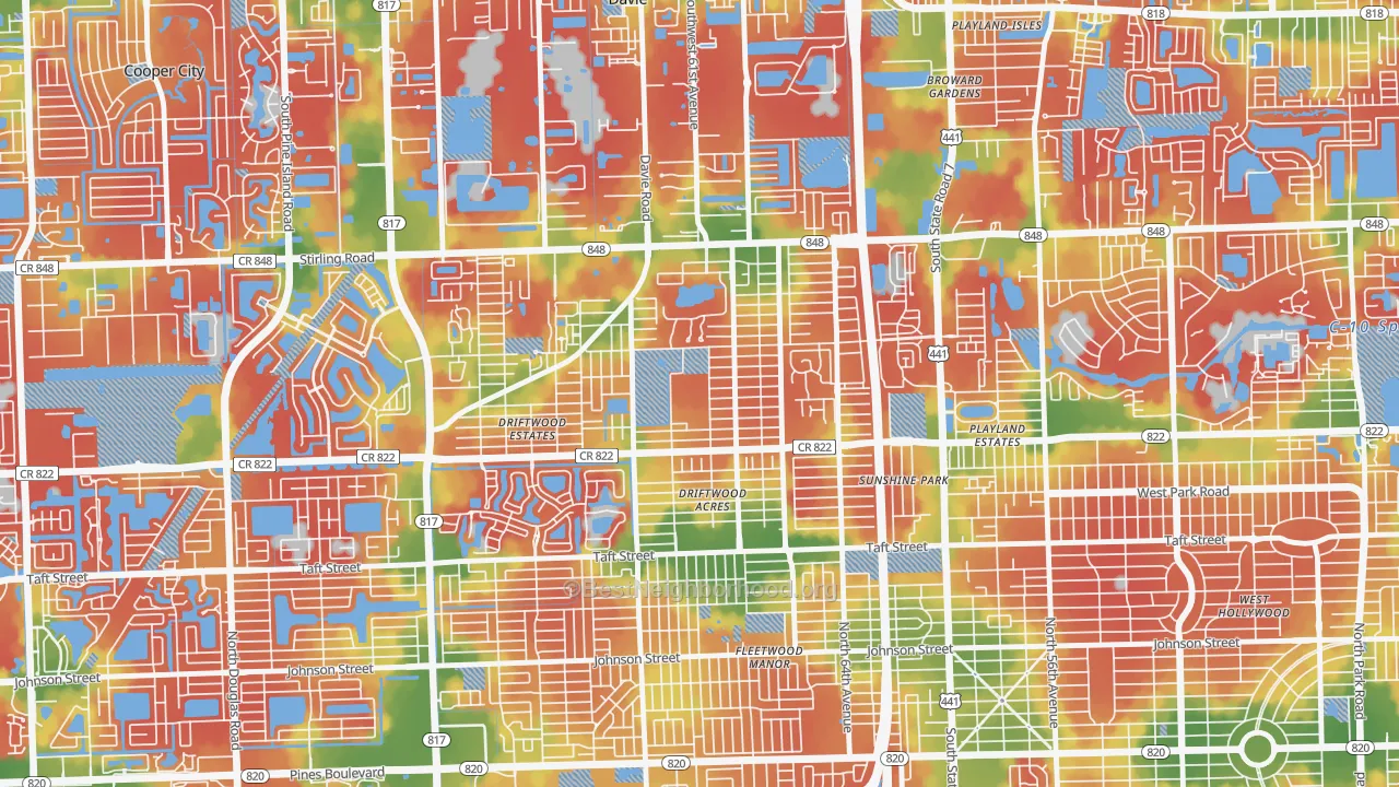 Walk Grade map of Driftwood, Hollywood, FL, walkable areas in green and car-dependent areas in red