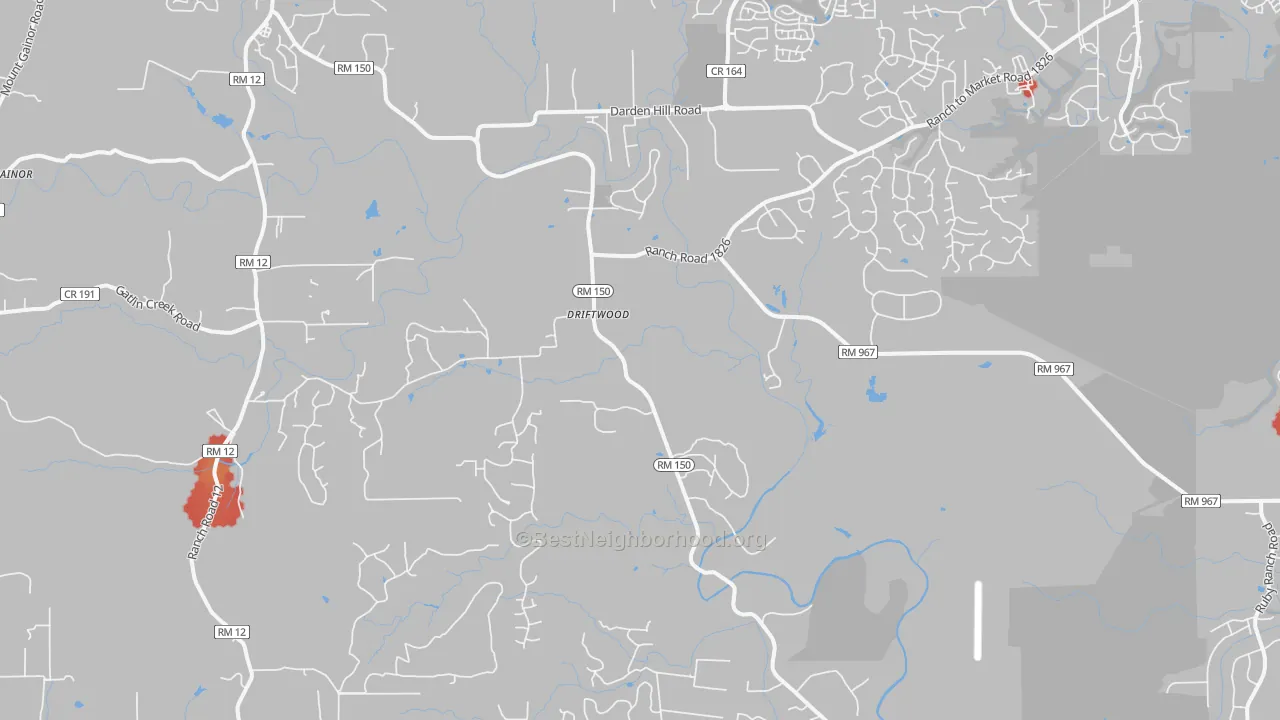 Walk Grade map of Driftwood, TX, walkable areas in green and car-dependent areas in red