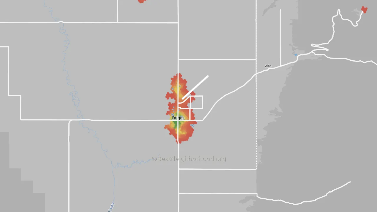 Walk Grade map of Driggs, ID, walkable areas in green and car-dependent areas in red