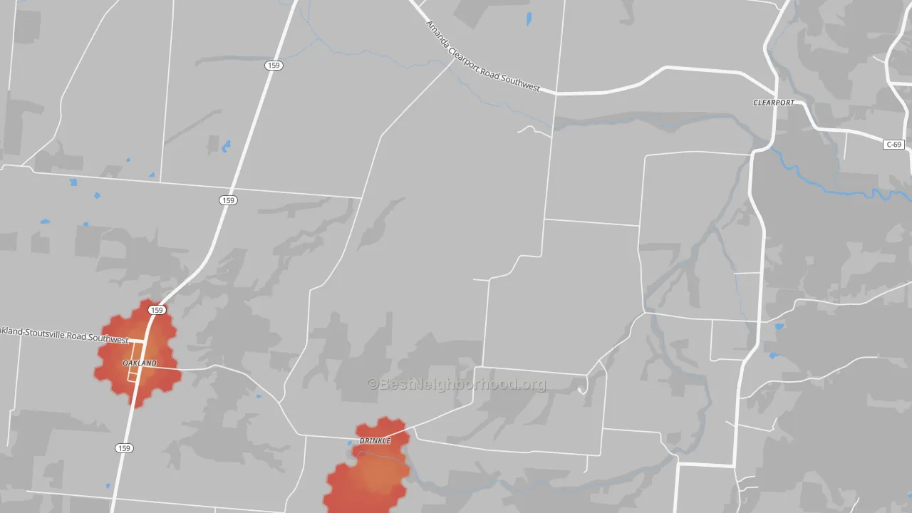 Walk Grade map of Drinkle, OH, walkable areas in green and car-dependent areas in red
