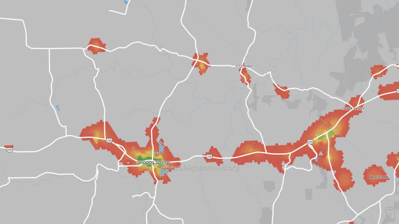 Walk Grade map of Dripping Springs, TX, walkable areas in green and car-dependent areas in red