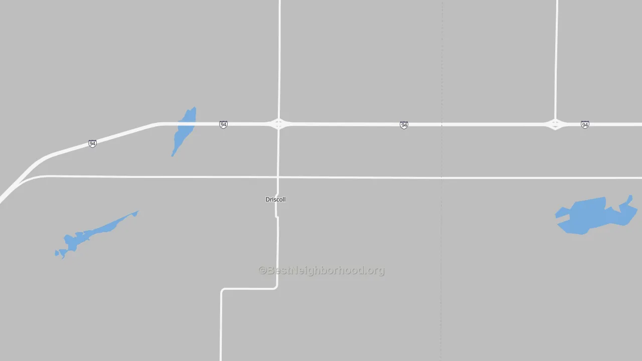 Walk Grade map of Driscoll, ND, walkable areas in green and car-dependent areas in red