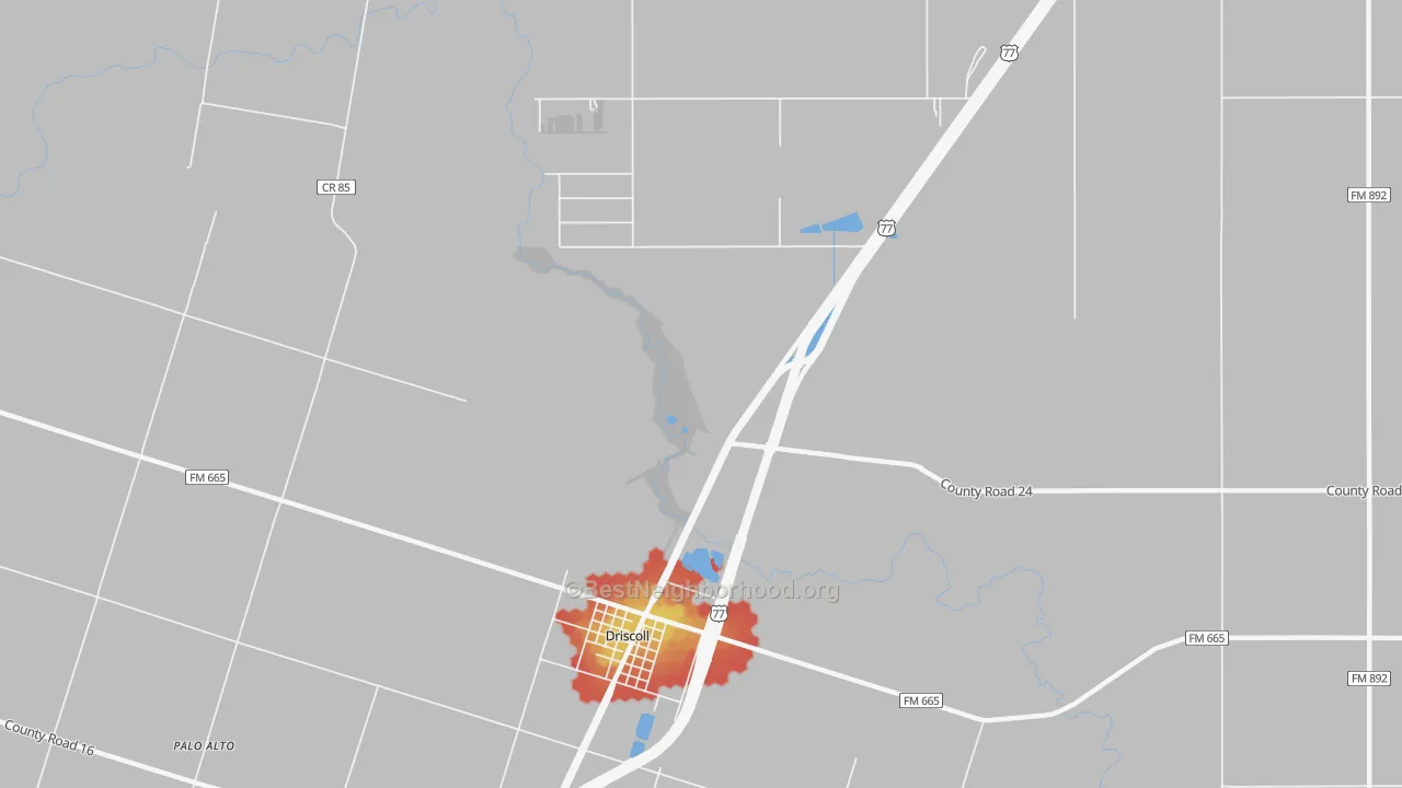 Walk Grade map of Driscoll, TX, walkable areas in green and car-dependent areas in red