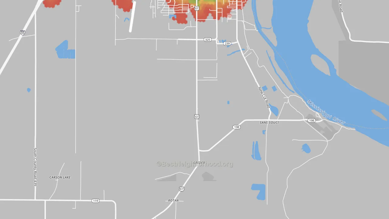 Walk Grade map of Driver, AR, walkable areas in green and car-dependent areas in red