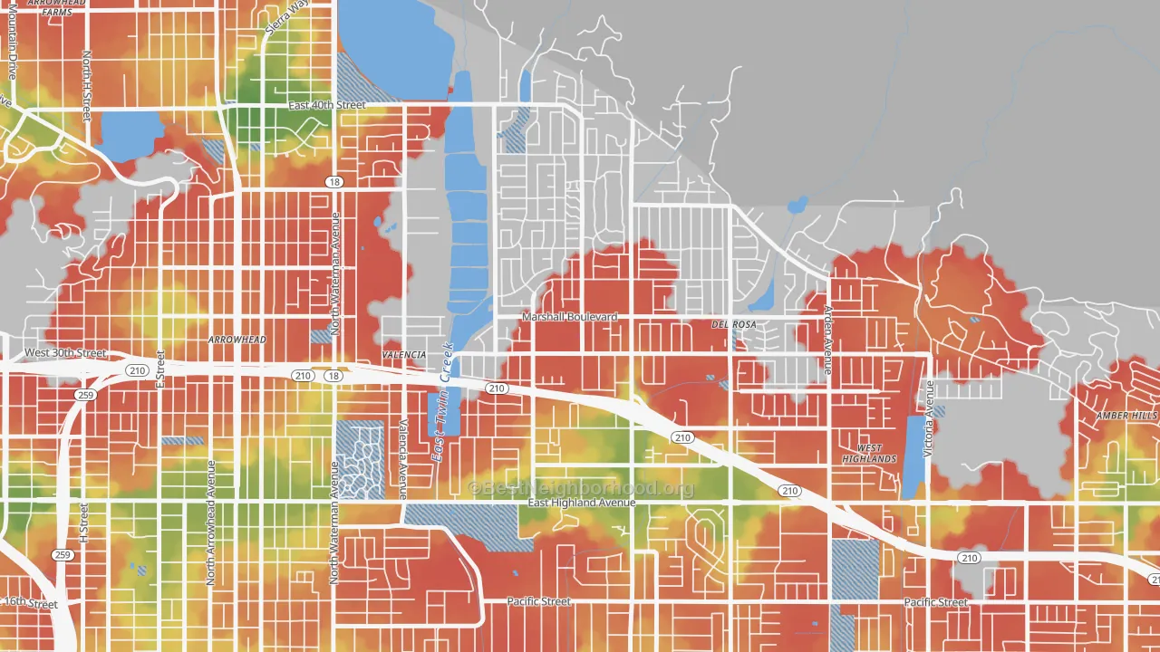 Walk Grade map of Drnag, San Bernardino, CA, walkable areas in green and car-dependent areas in red