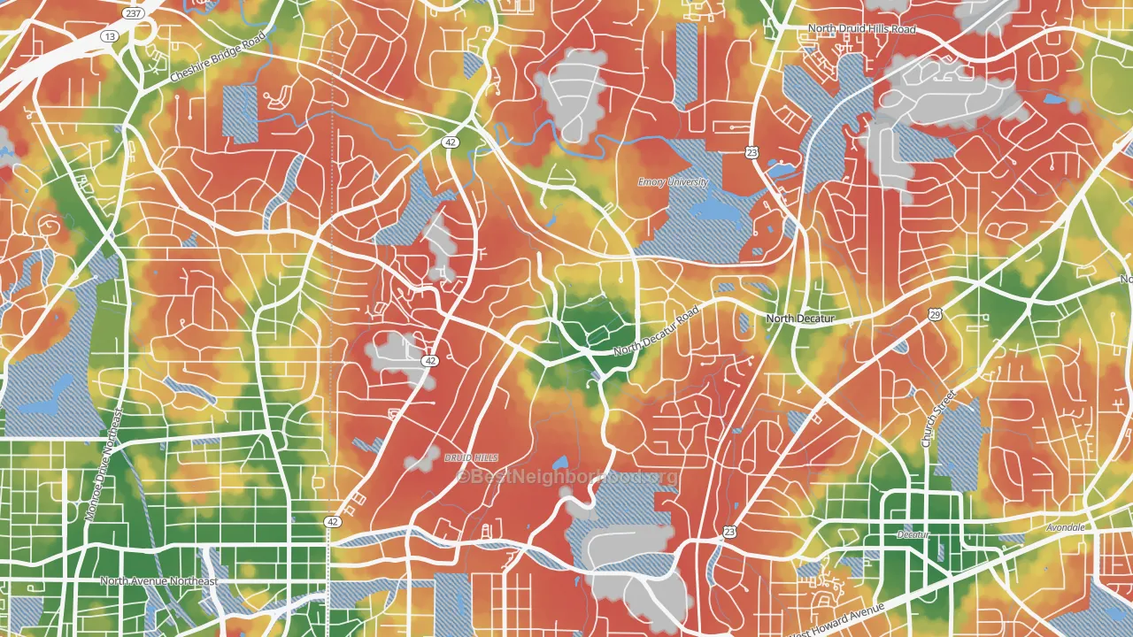 Walk Grade map of Druid Hills, GA, walkable areas in green and car-dependent areas in red