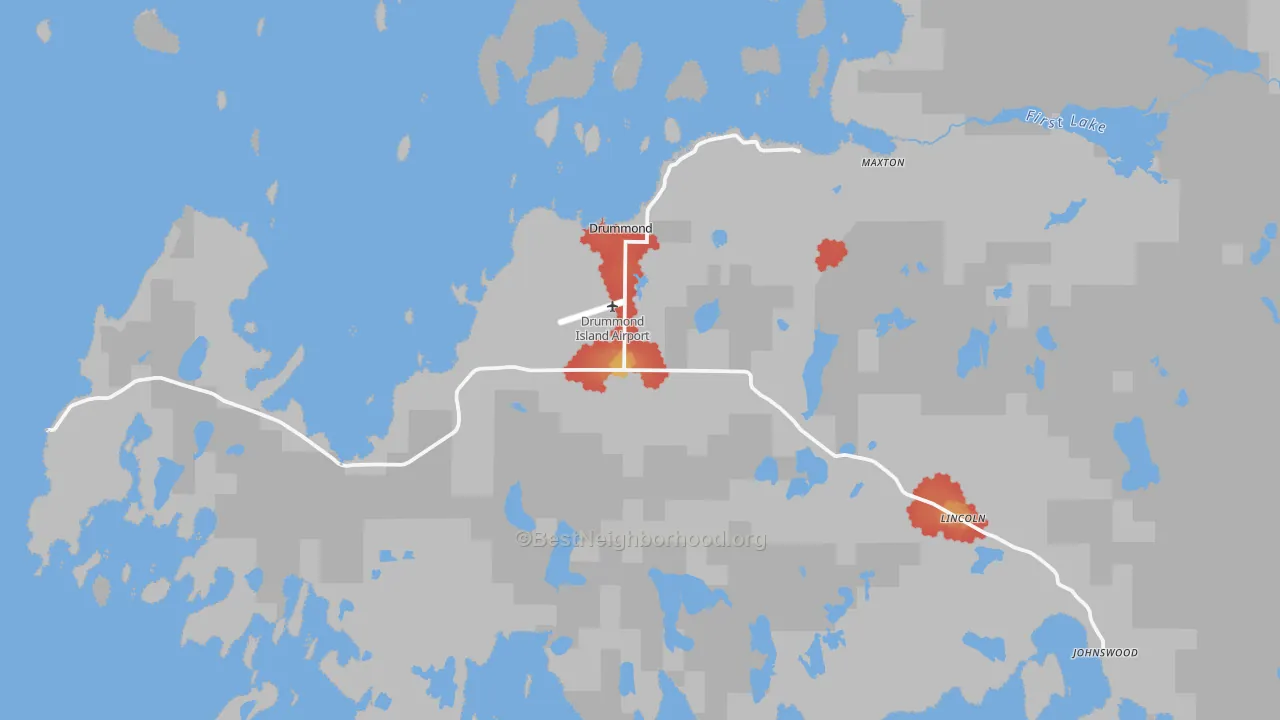 Walk Grade map of Drummond Island, MI, walkable areas in green and car-dependent areas in red