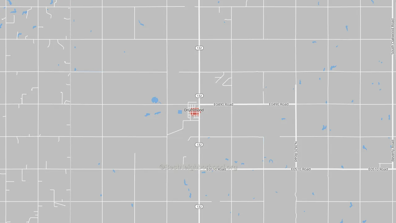 Walk Grade map of Drummond, OK, walkable areas in green and car-dependent areas in red