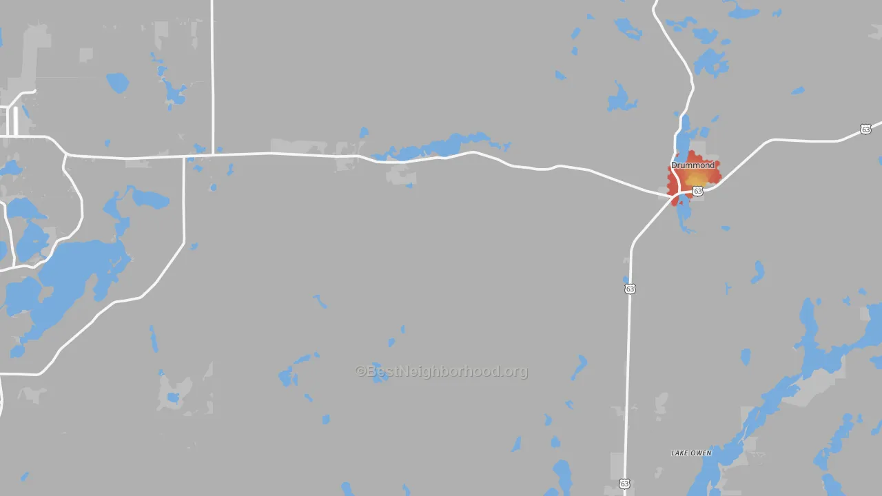 Walk Grade map of Drummond, WI, walkable areas in green and car-dependent areas in red