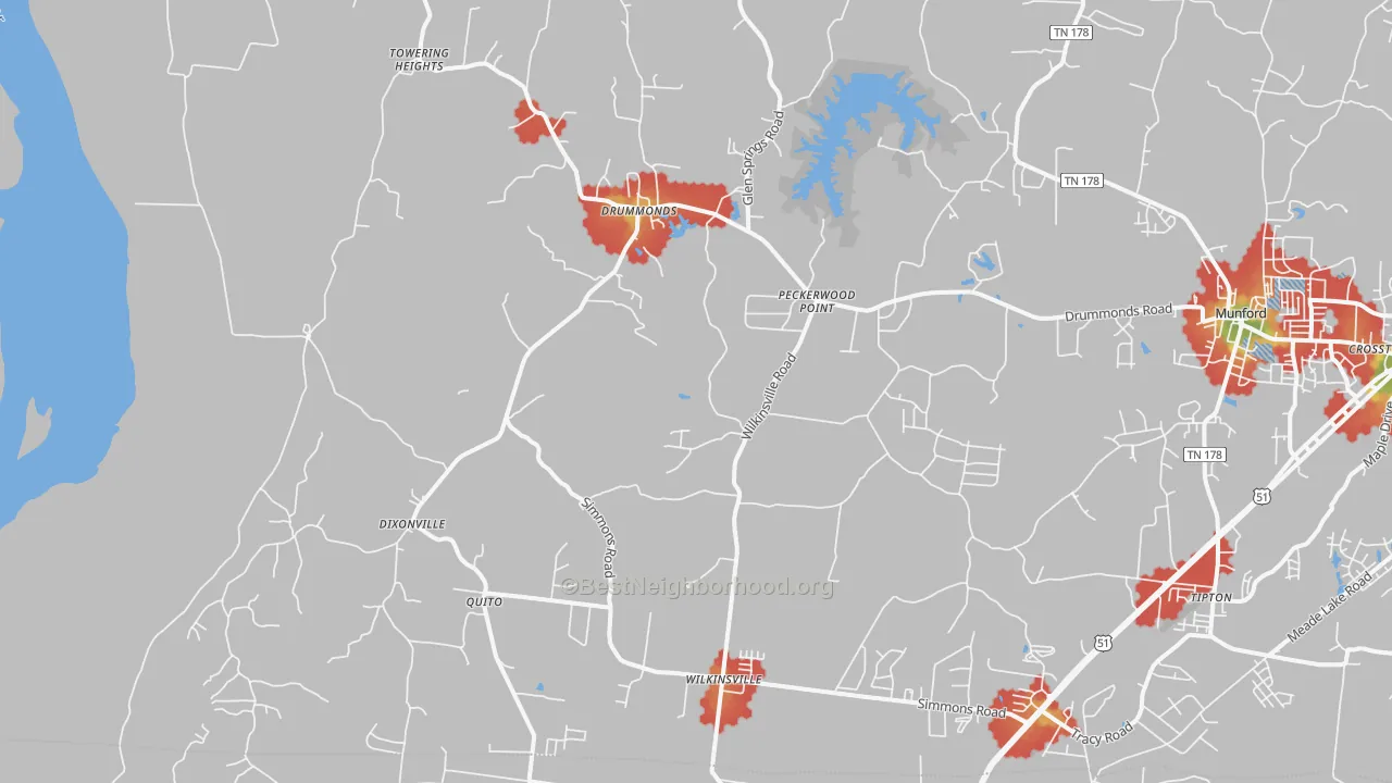 Walk Grade map of Drummonds, TN, walkable areas in green and car-dependent areas in red