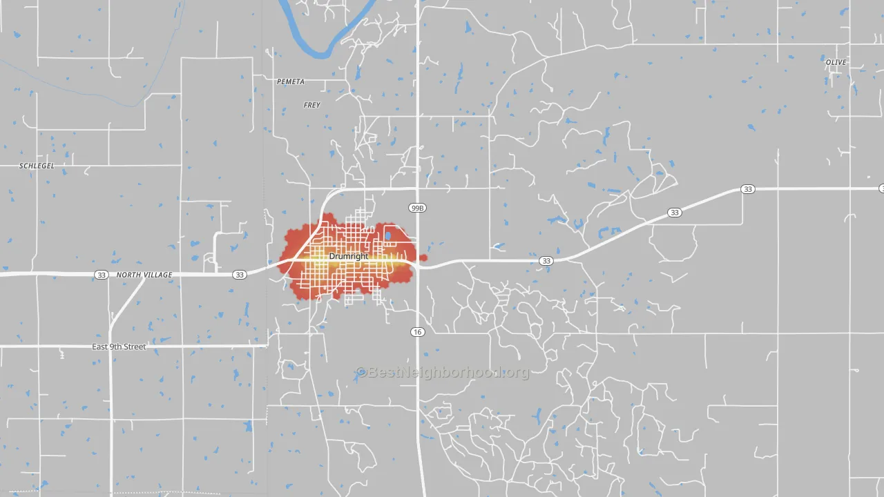 Walk Grade map of Drumright, OK, walkable areas in green and car-dependent areas in red