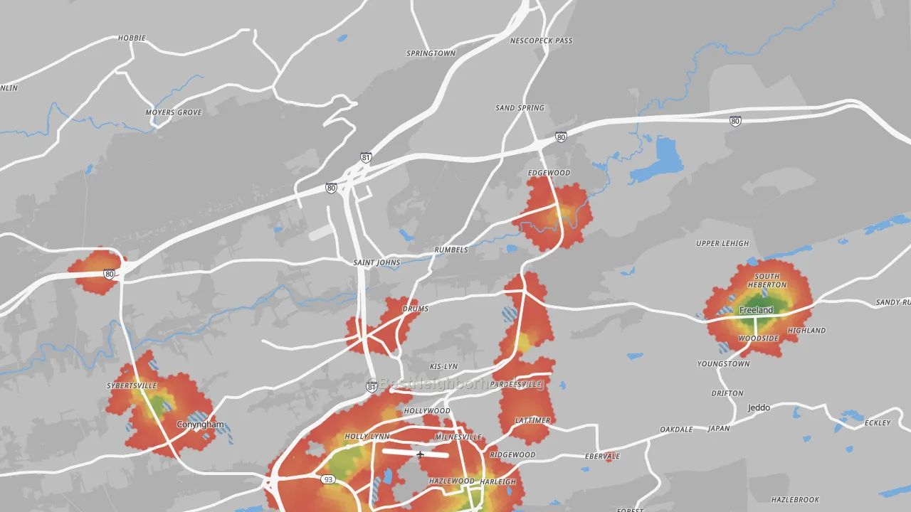 Walk Grade map of Drums, PA, walkable areas in green and car-dependent areas in red