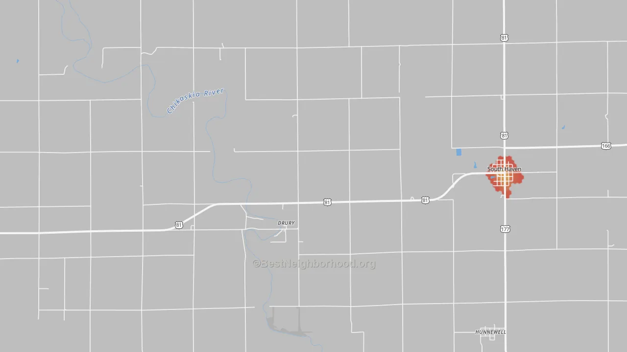 Walk Grade map of Drury, KS, walkable areas in green and car-dependent areas in red