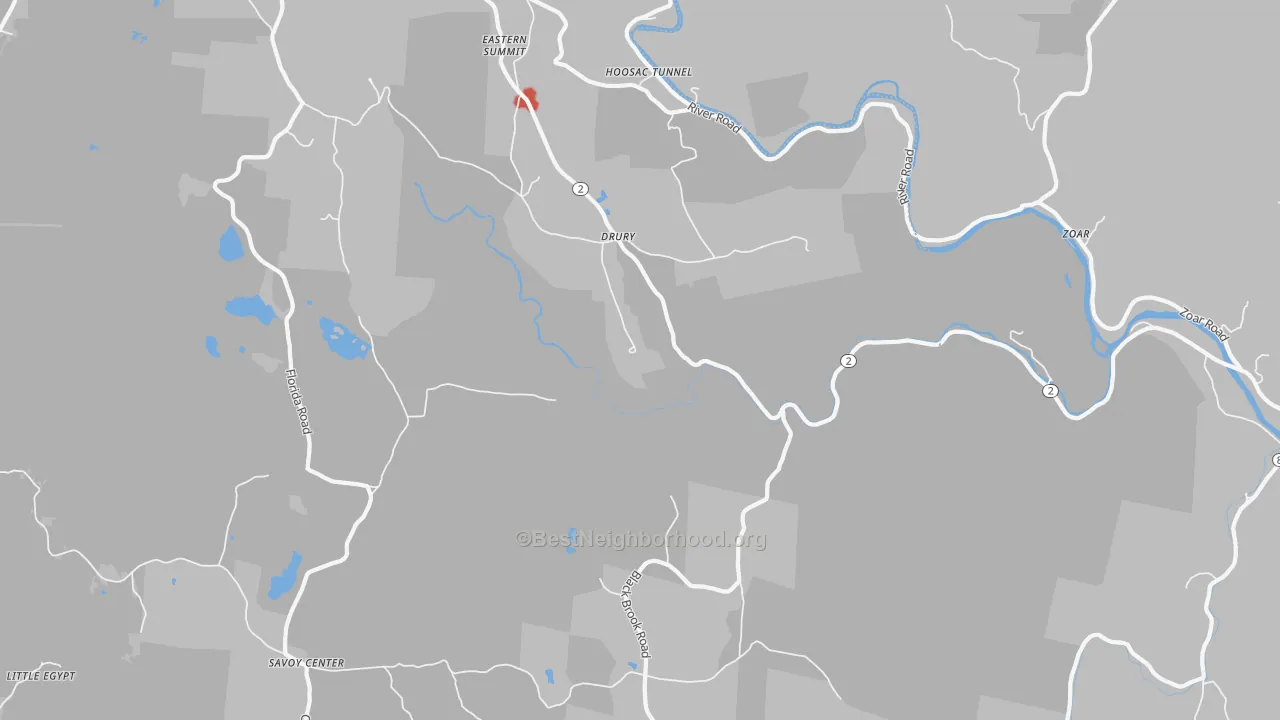 Walk Grade map of Drury, MA, walkable areas in green and car-dependent areas in red