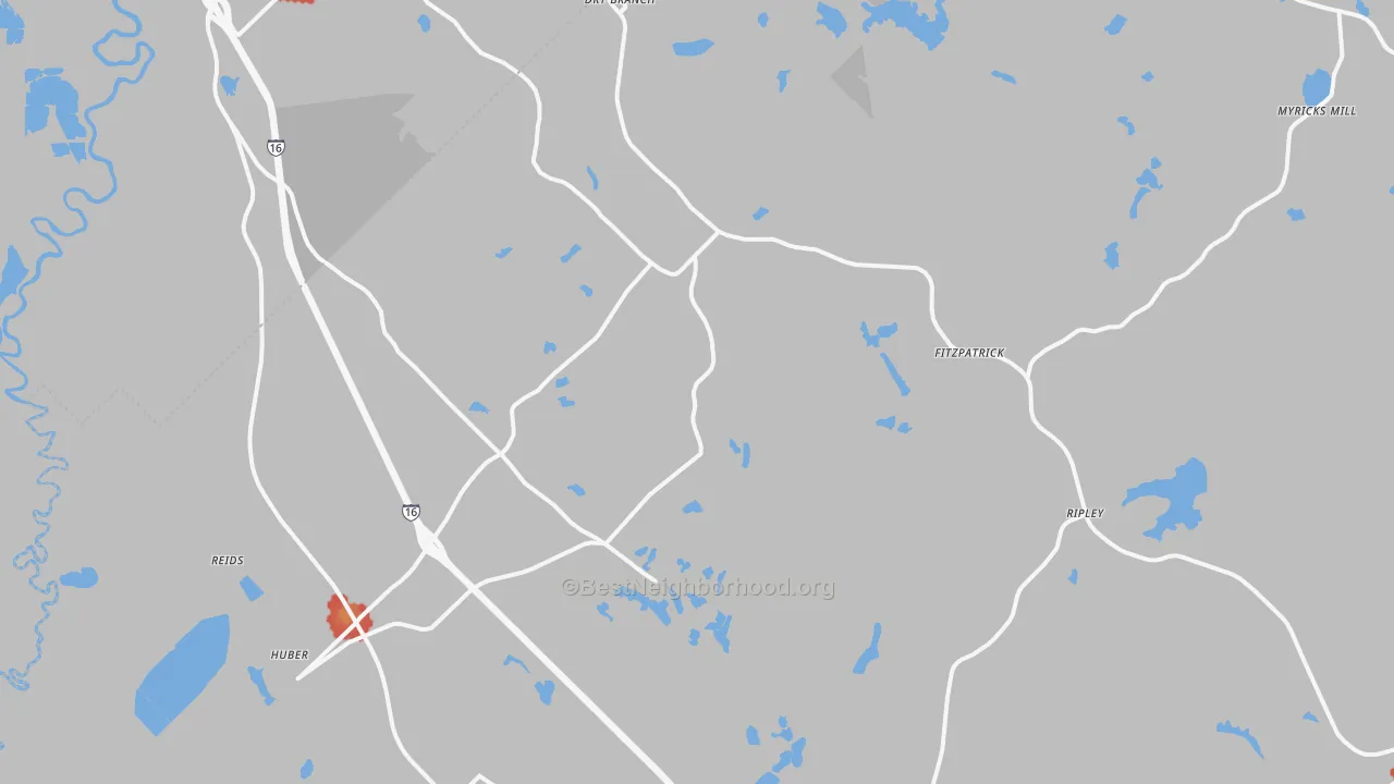 Walk Grade map of Dry Branch, GA, walkable areas in green and car-dependent areas in red