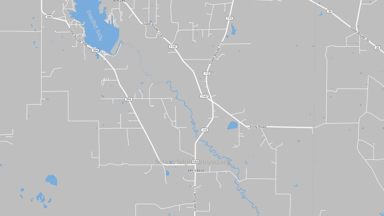 Walk Grade map of Dry Creek, LA, walkable areas in green and car-dependent areas in red