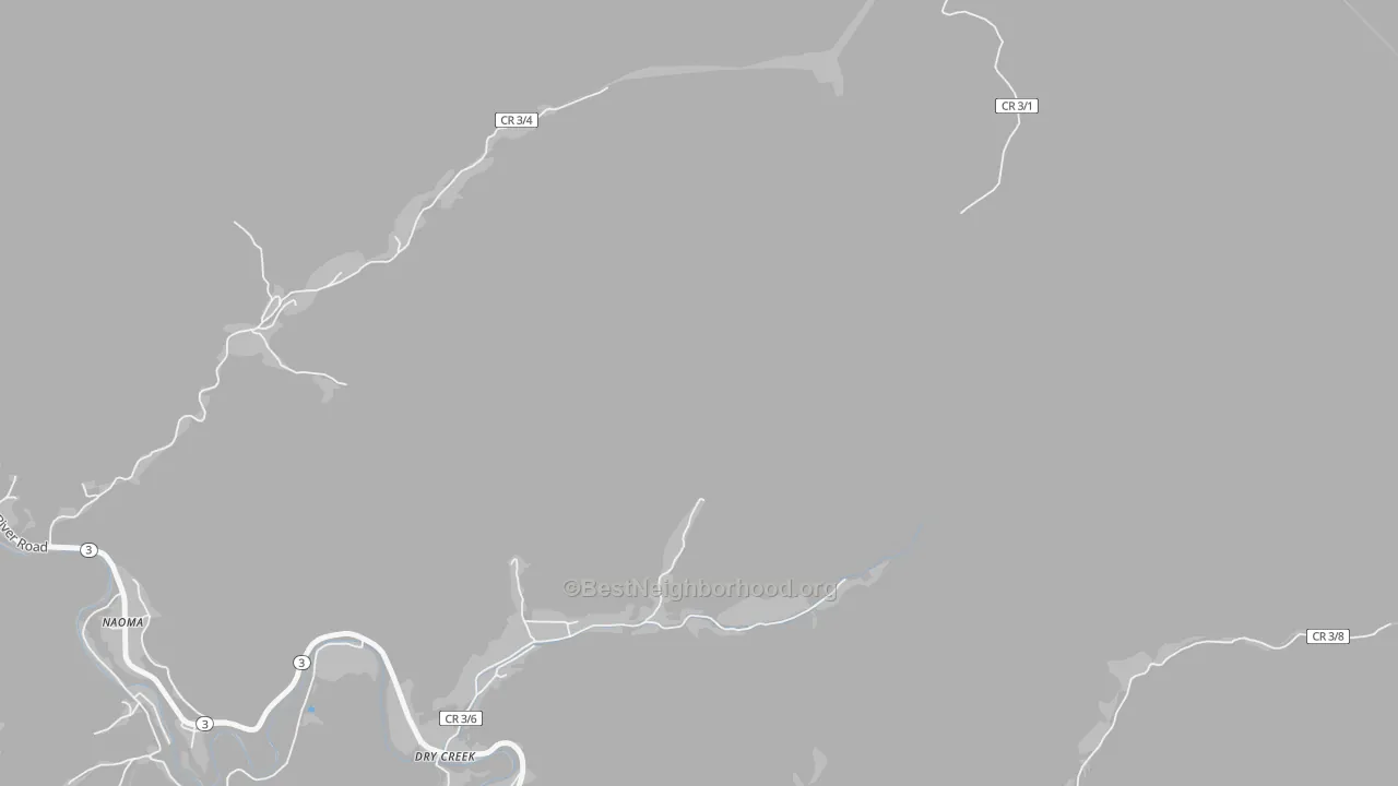 Walk Grade map of Dry Creek, WV, walkable areas in green and car-dependent areas in red
