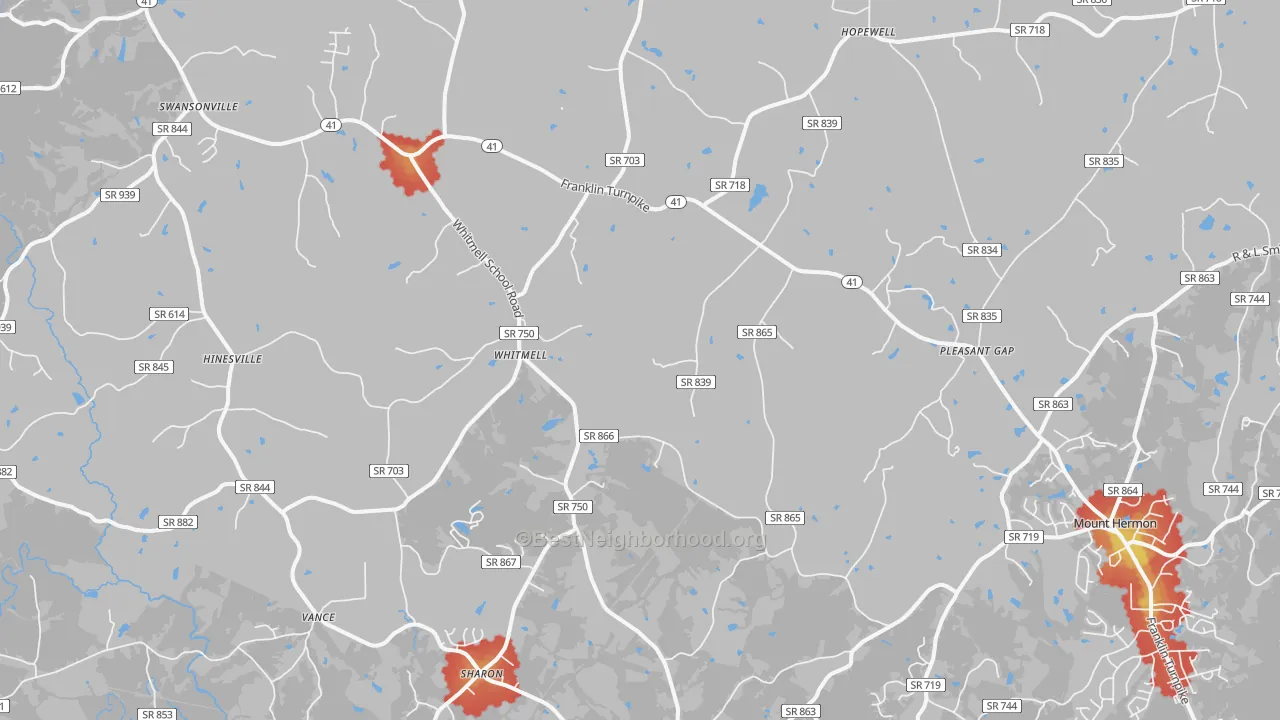 Walk Grade map of Dry Fork, VA, walkable areas in green and car-dependent areas in red