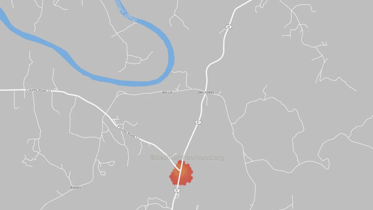 Walk Grade map of Dry Forks, AL, walkable areas in green and car-dependent areas in red
