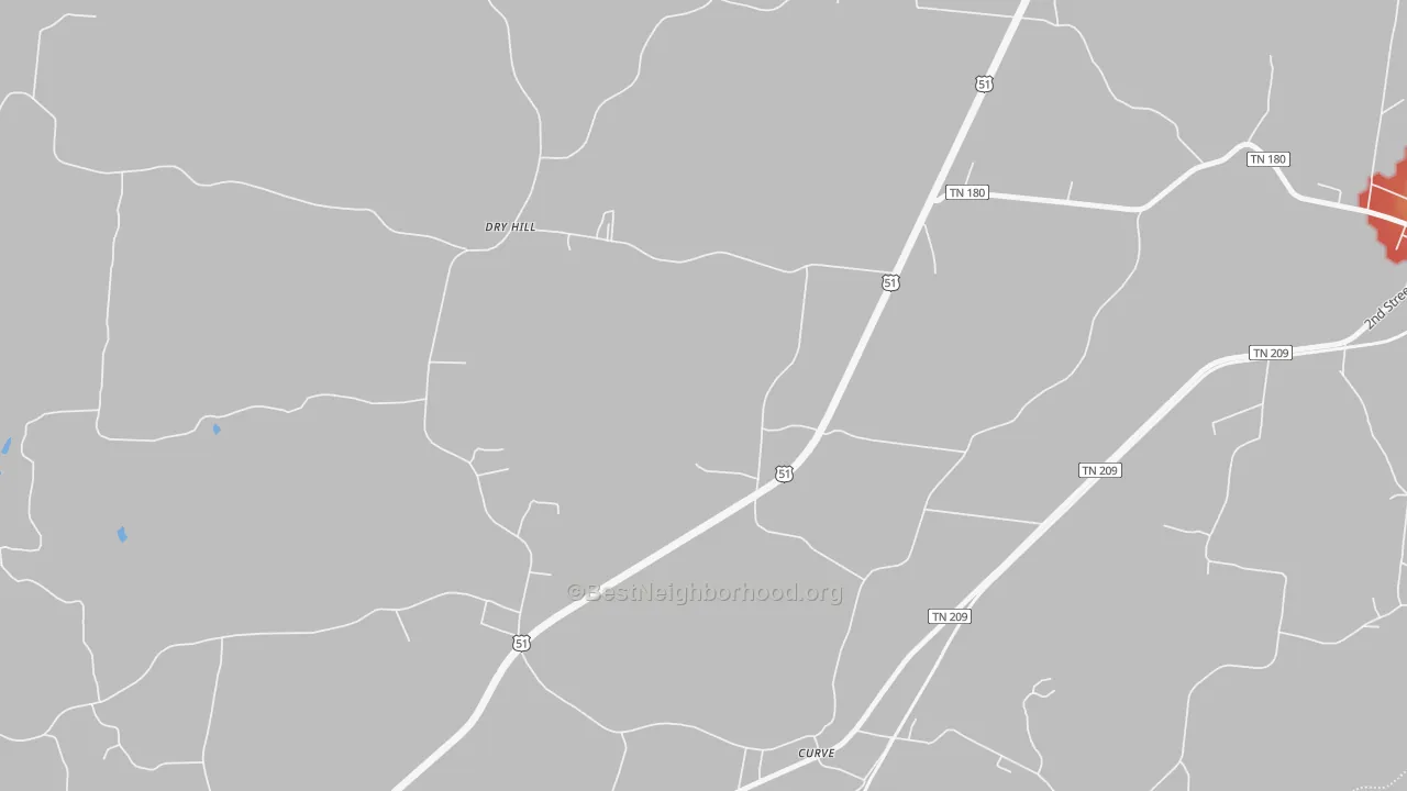 Walk Grade map of Dry Hill, TN, walkable areas in green and car-dependent areas in red