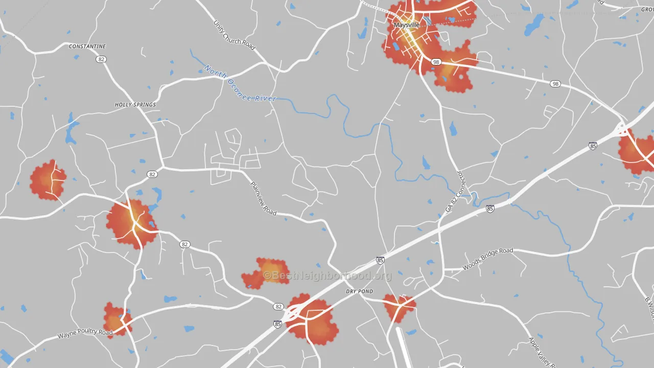 Walk Grade map of Dry Pond, GA, walkable areas in green and car-dependent areas in red