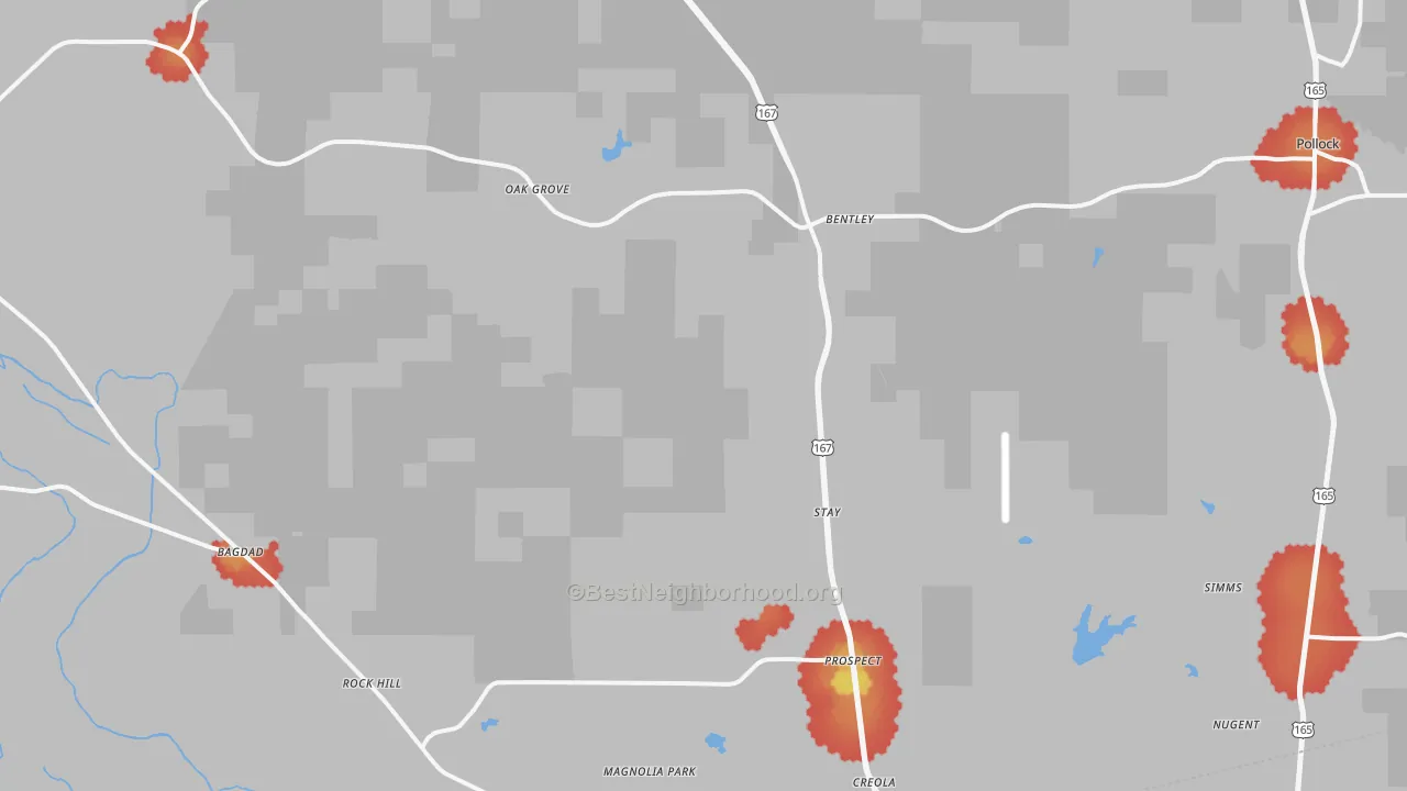 Walk Grade map of Dry Prong, LA, walkable areas in green and car-dependent areas in red