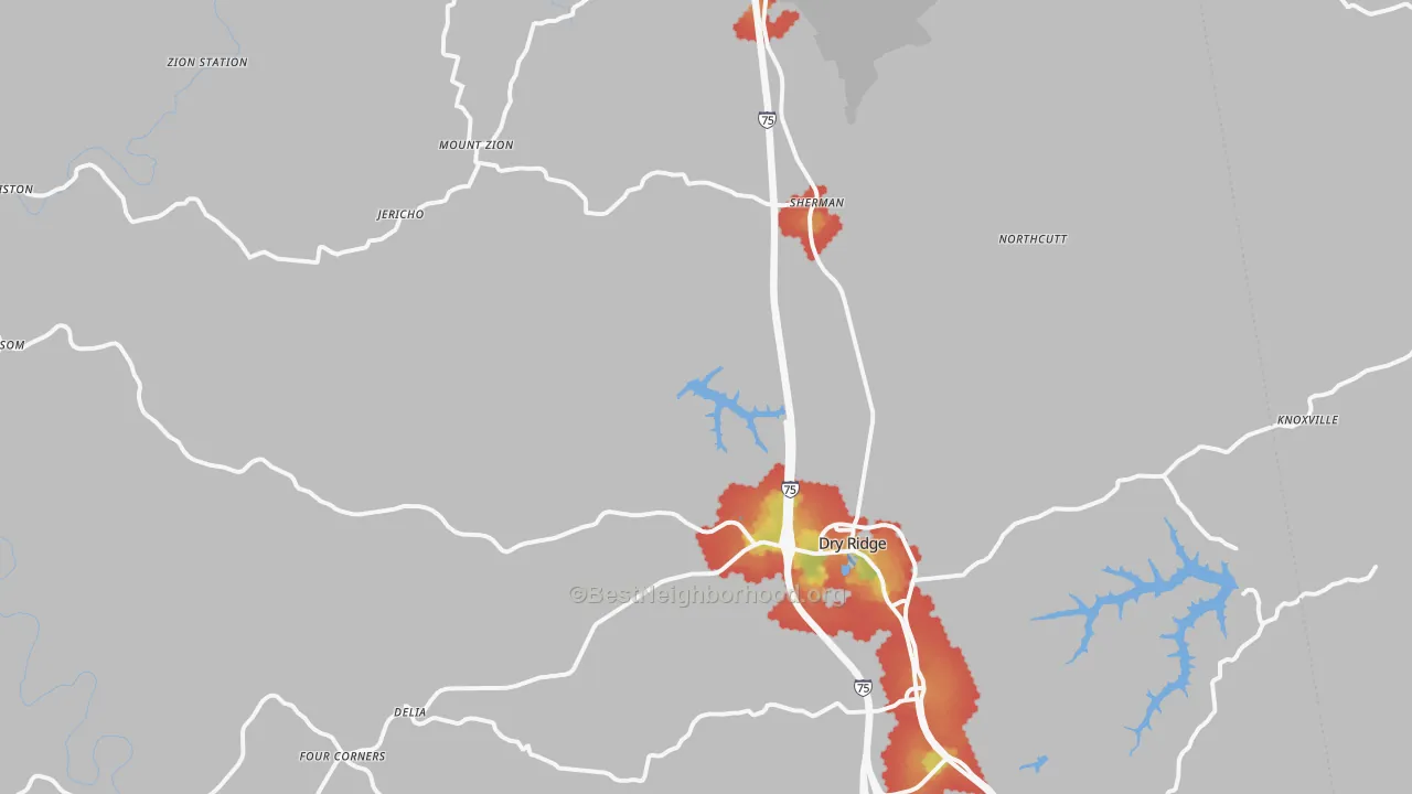 Walk Grade map of Dry Ridge, KY, walkable areas in green and car-dependent areas in red
