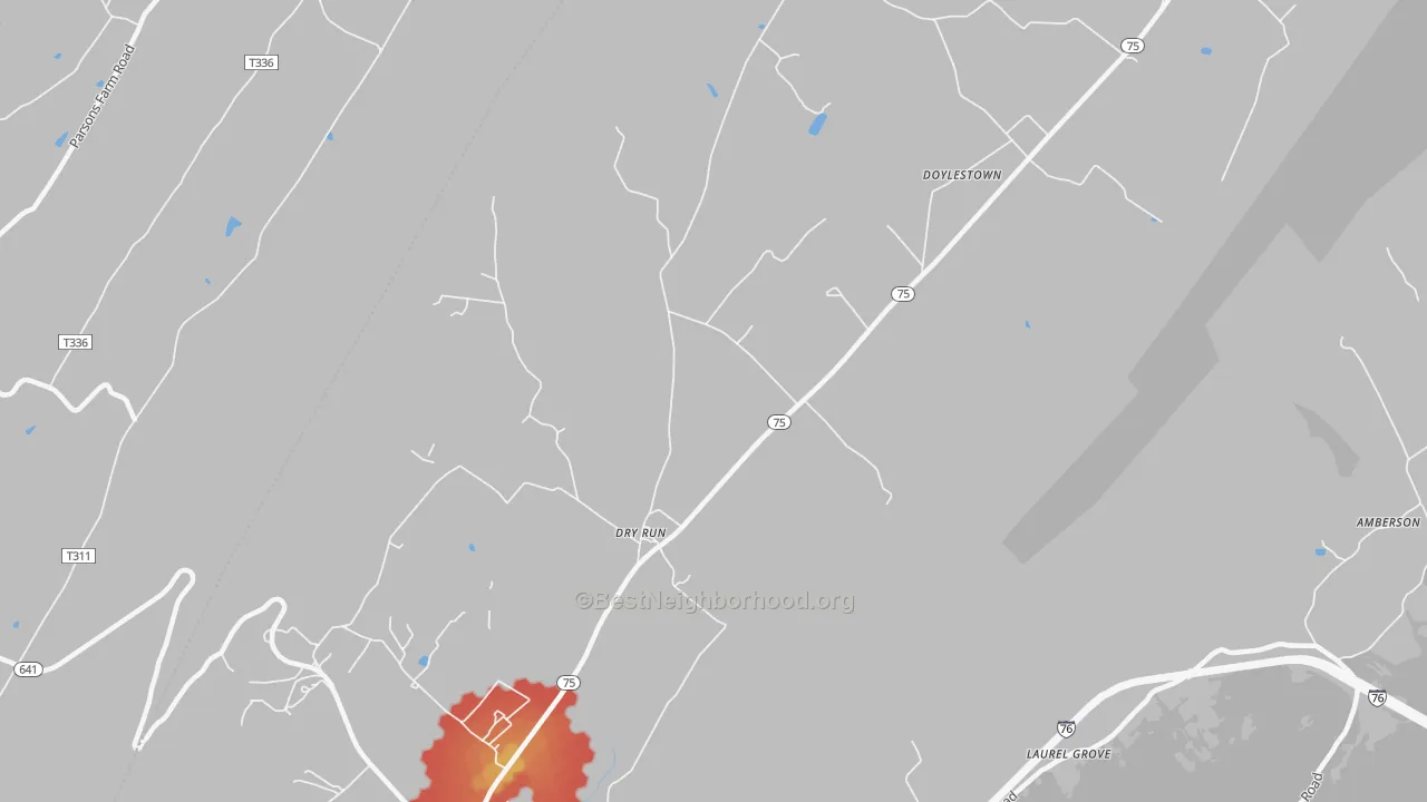 Walk Grade map of Dry Run, PA, walkable areas in green and car-dependent areas in red