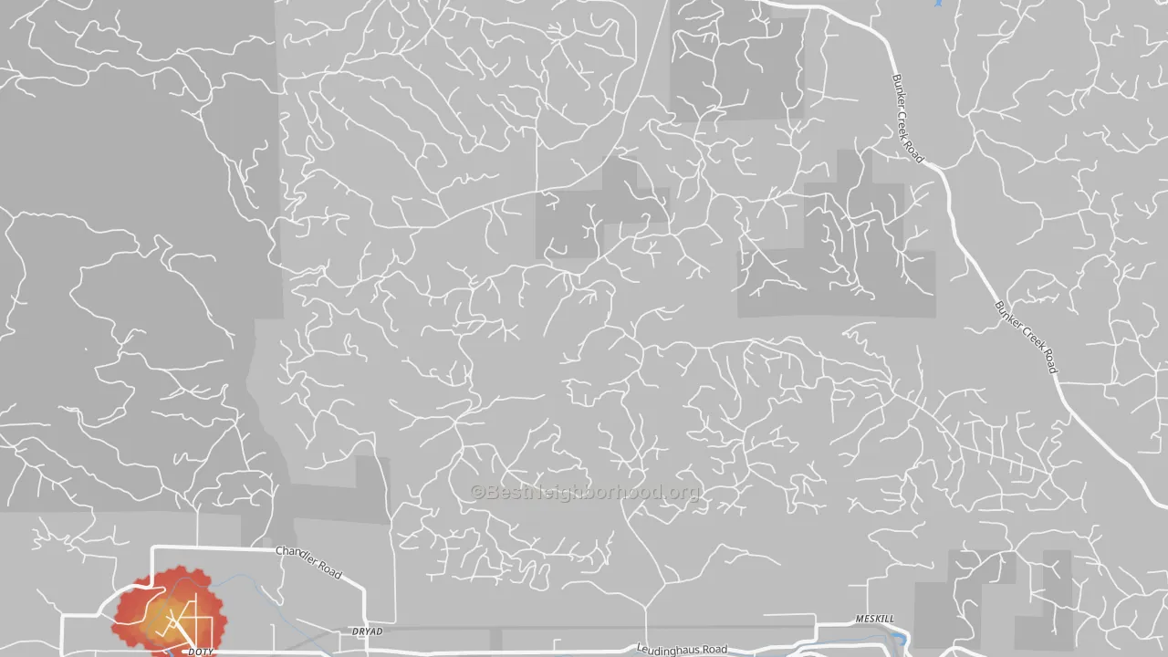 Walk Grade map of Dryad, WA, walkable areas in green and car-dependent areas in red