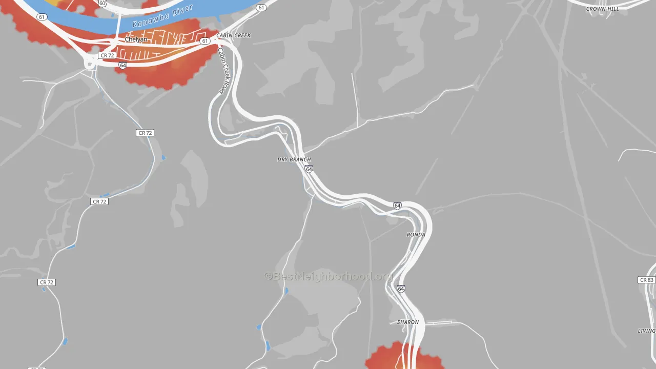 Walk Grade map of Drybranch, WV, walkable areas in green and car-dependent areas in red