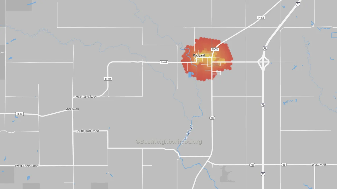 Walk Grade map of Dryburg, MI, walkable areas in green and car-dependent areas in red