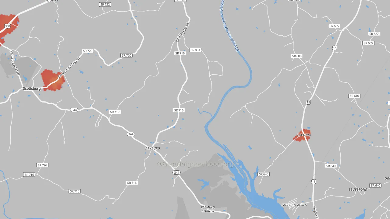 Walk Grade map of Dryburg, VA, walkable areas in green and car-dependent areas in red