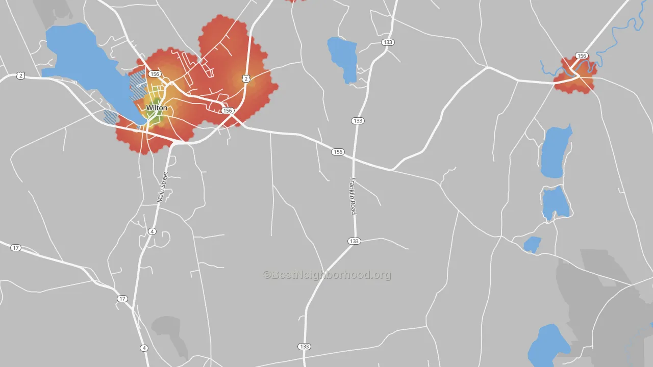 Walk Grade map of Dryden, ME, walkable areas in green and car-dependent areas in red