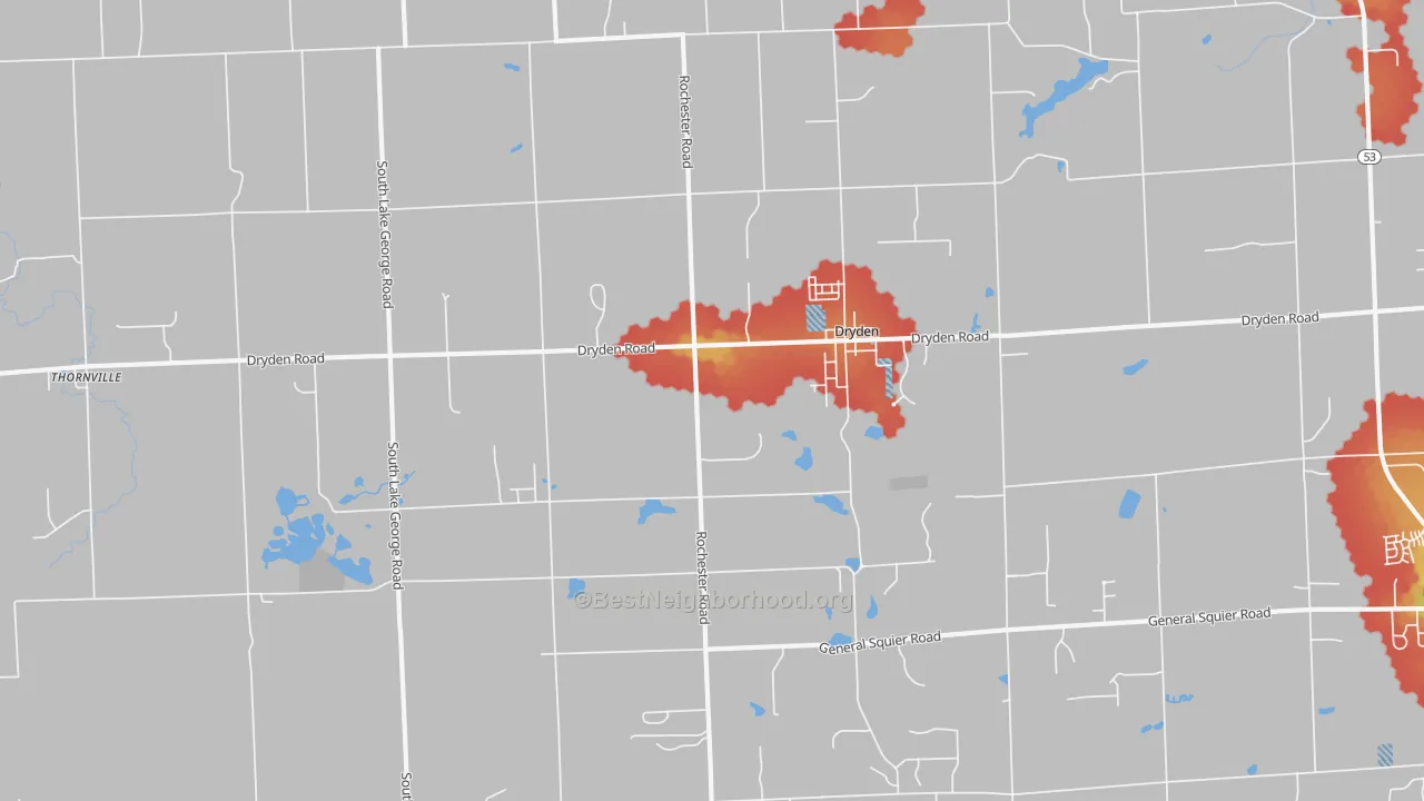 Walk Grade map of Dryden, MI, walkable areas in green and car-dependent areas in red