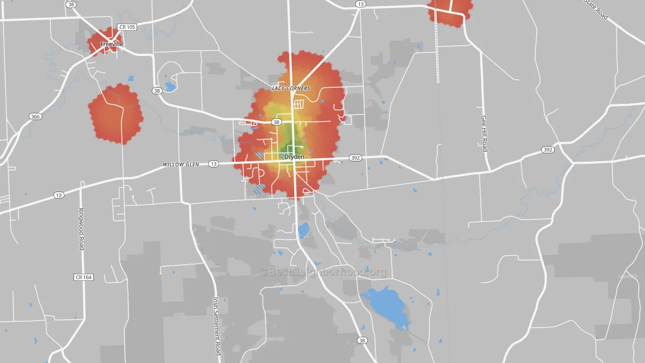 Walk Grade map of Dryden, NY, walkable areas in green and car-dependent areas in red