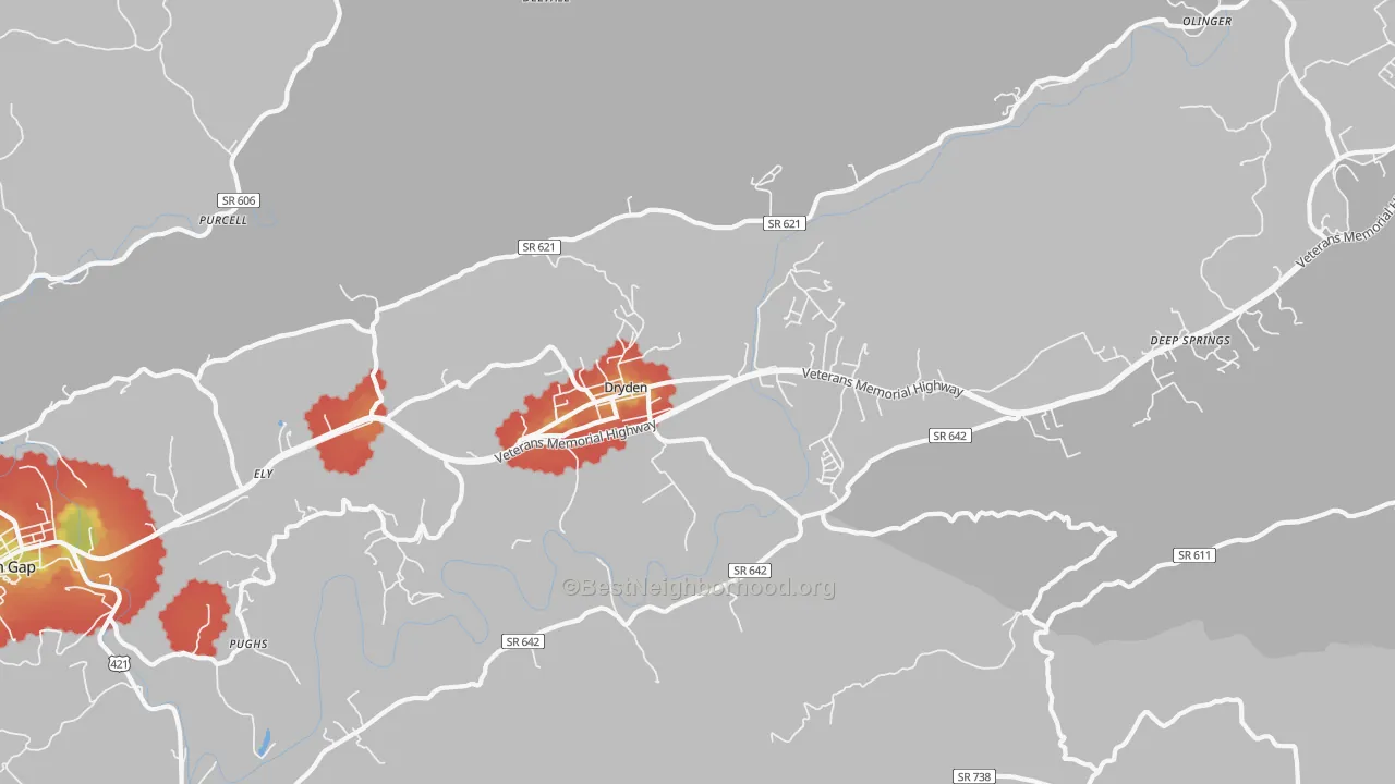 Walk Grade map of Dryden, VA, walkable areas in green and car-dependent areas in red