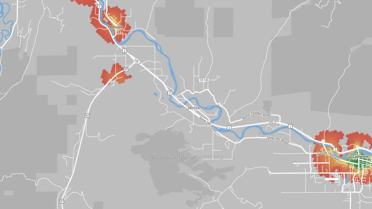 Walk Grade map of Dryden, WA, walkable areas in green and car-dependent areas in red