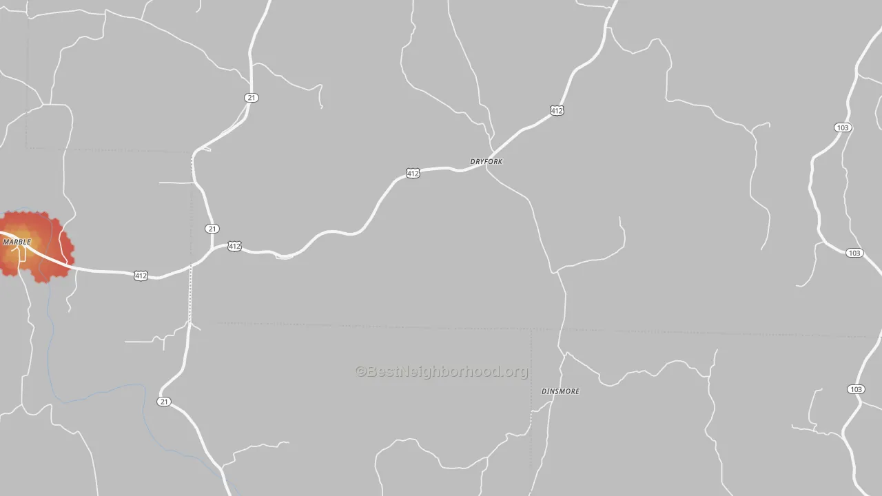 Walk Grade map of Dryfork, AR, walkable areas in green and car-dependent areas in red