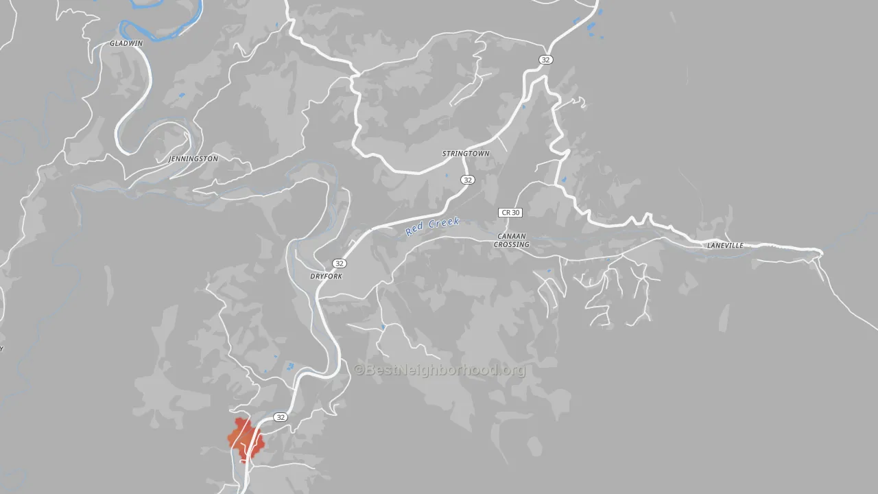 Walk Grade map of Dryfork, WV, walkable areas in green and car-dependent areas in red
