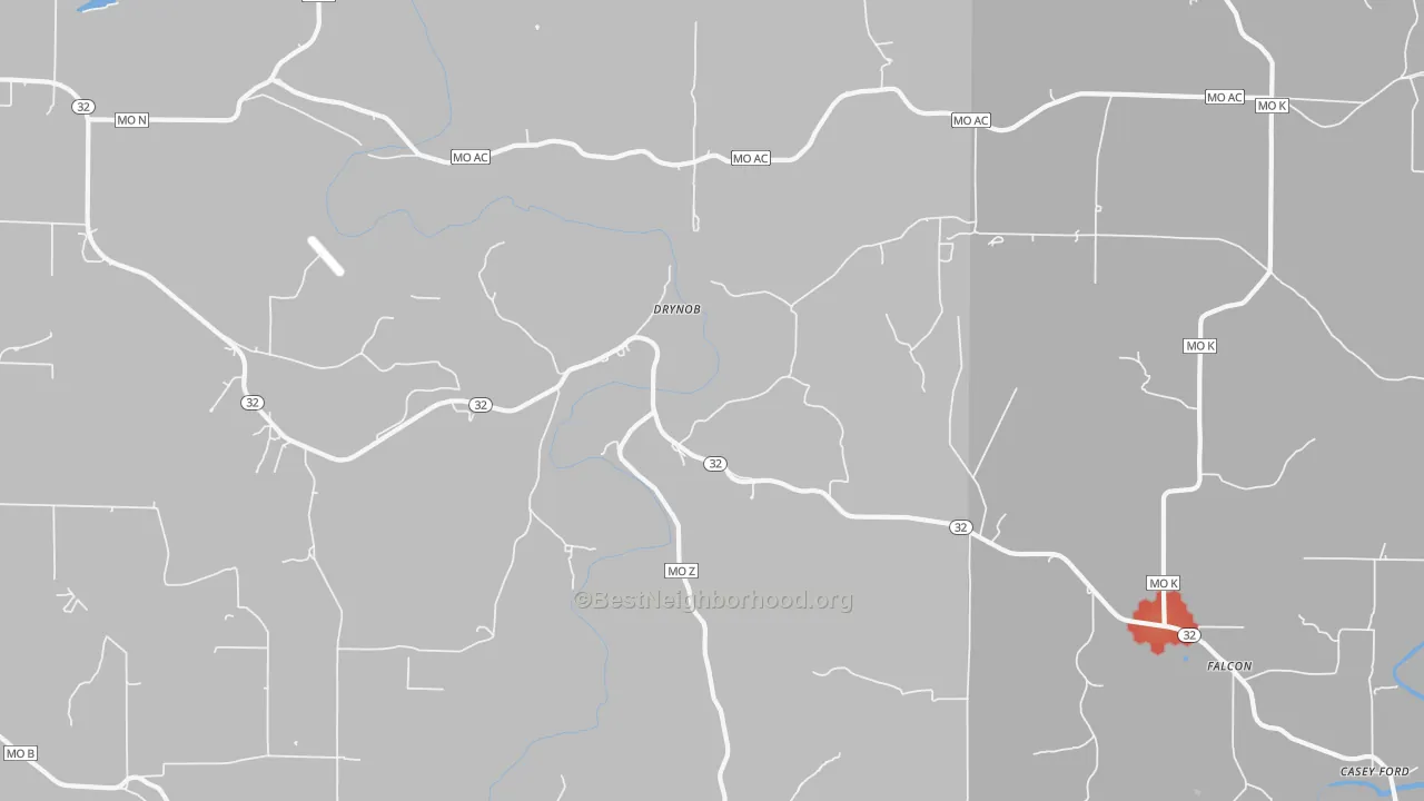 Walk Grade map of Drynob, MO, walkable areas in green and car-dependent areas in red