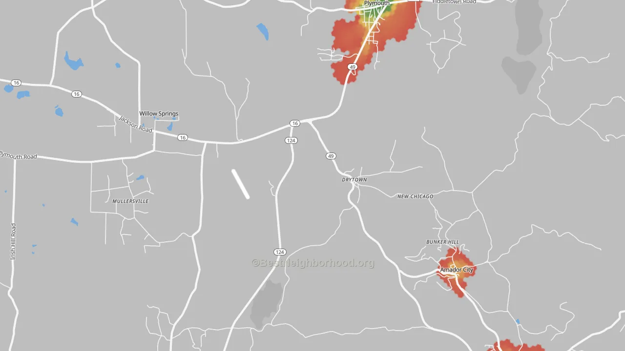 Walk Grade map of Drytown, CA, walkable areas in green and car-dependent areas in red