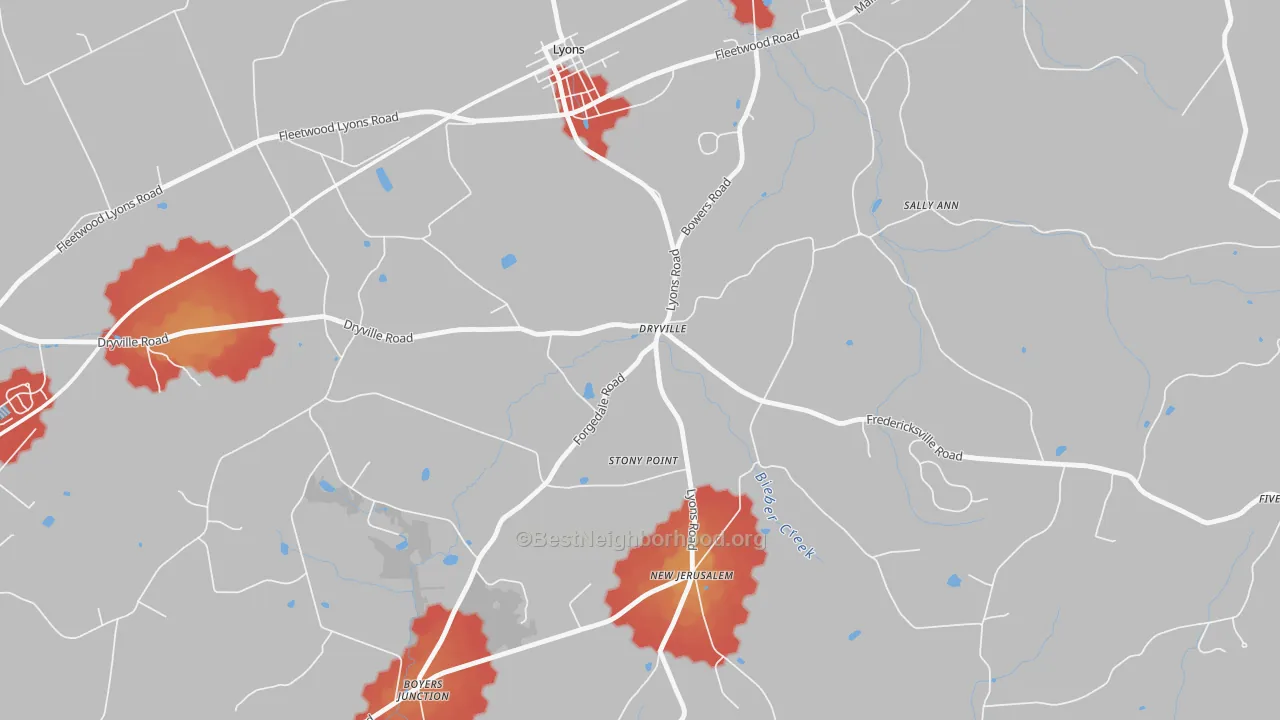 Walk Grade map of Dryville, PA, walkable areas in green and car-dependent areas in red