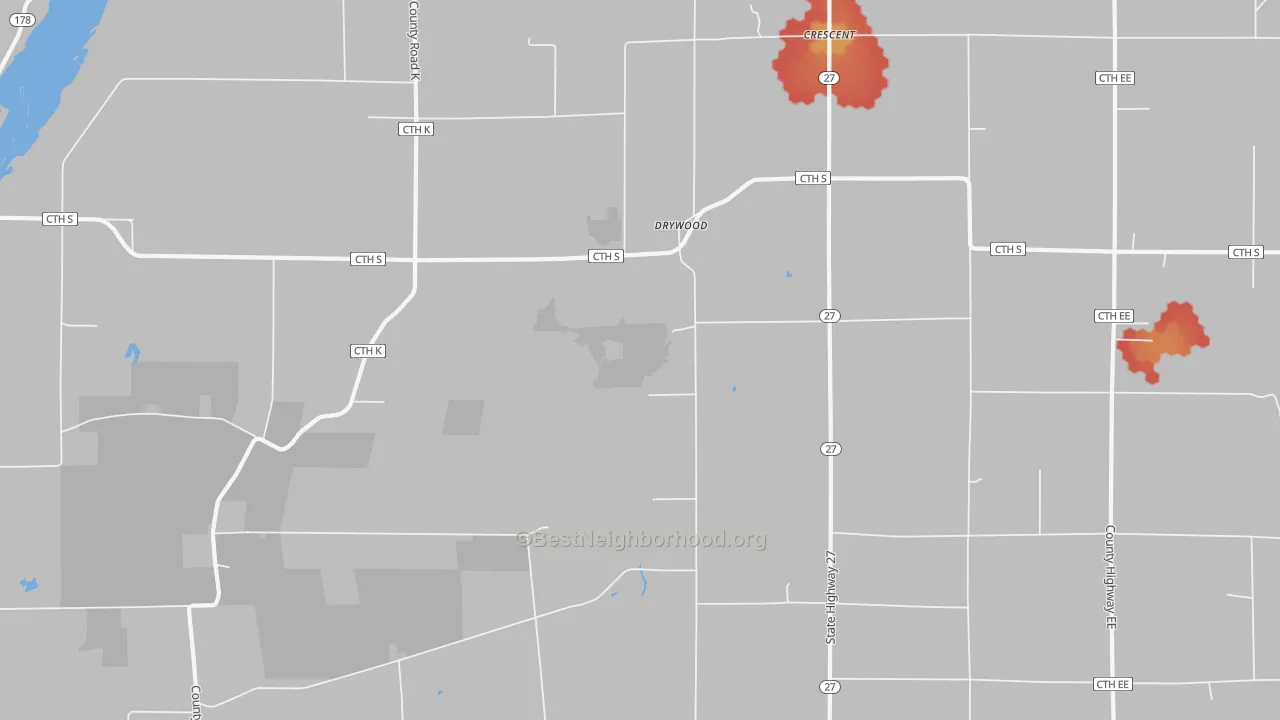 Walk Grade map of Drywood, WI, walkable areas in green and car-dependent areas in red